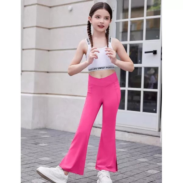 Zaclotre Girls Flare Leggings with Split Hem Cross High Waist Yoga Bootcut Athletic Kid Bell Bottom Pants with PocketsHot Pink