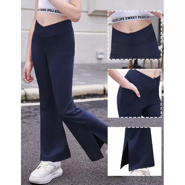 Zaclotre Girls Flare Leggings with Split Hem Cross High Waist Yoga Bootcut Athletic Kid Bell Bottom Pants with PocketsNavy Blue