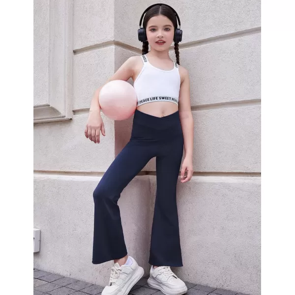 Zaclotre Girls Flare Leggings with Split Hem Cross High Waist Yoga Bootcut Athletic Kid Bell Bottom Pants with PocketsNavy Blue