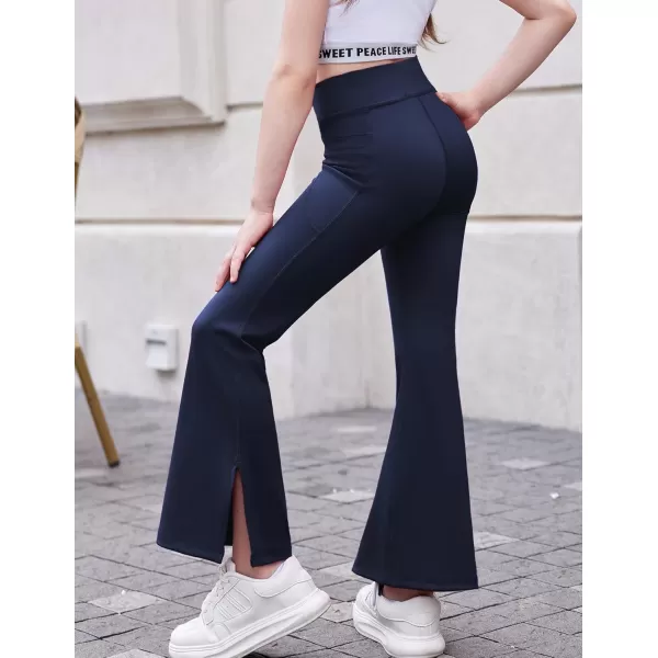Zaclotre Girls Flare Leggings with Split Hem Cross High Waist Yoga Bootcut Athletic Kid Bell Bottom Pants with PocketsNavy Blue