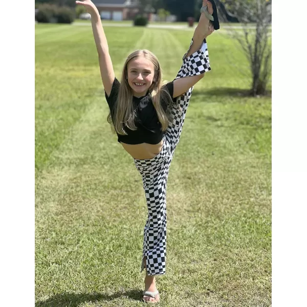 Zaclotre Girls Flare Leggings with Split Hem Cross High Waist Yoga Bootcut Athletic Kid Bell Bottom Pants with PocketsPlaid Black and White