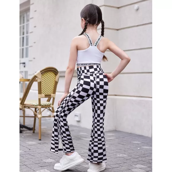 Zaclotre Girls Flare Leggings with Split Hem Cross High Waist Yoga Bootcut Athletic Kid Bell Bottom Pants with PocketsPlaid Black and White