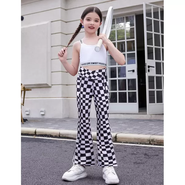 Zaclotre Girls Flare Leggings with Split Hem Cross High Waist Yoga Bootcut Athletic Kid Bell Bottom Pants with PocketsPlaid Black and White