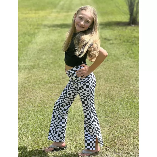 Zaclotre Girls Flare Leggings with Split Hem Cross High Waist Yoga Bootcut Athletic Kid Bell Bottom Pants with PocketsPlaid Black and White