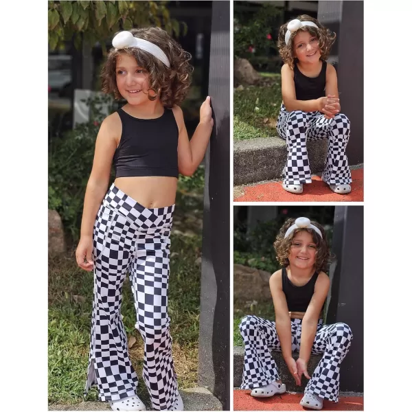 Zaclotre Girls Flare Leggings with Split Hem Cross High Waist Yoga Bootcut Athletic Kid Bell Bottom Pants with PocketsPlaid Black and White