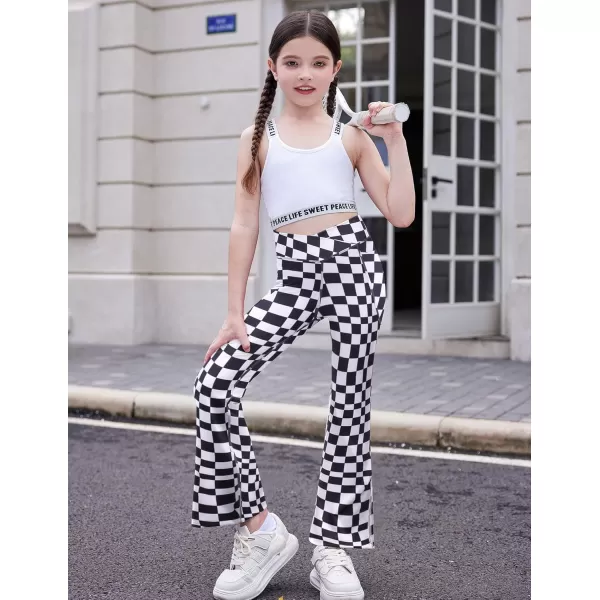 Zaclotre Girls Flare Leggings with Split Hem Cross High Waist Yoga Bootcut Athletic Kid Bell Bottom Pants with PocketsPlaid Black and White