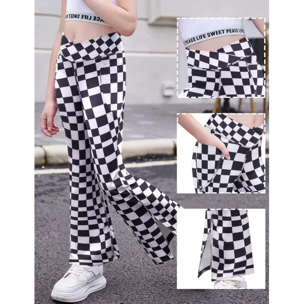 Zaclotre Girls Flare Leggings with Split Hem Cross High Waist Yoga Bootcut Athletic Kid Bell Bottom Pants with PocketsPlaid Black and White