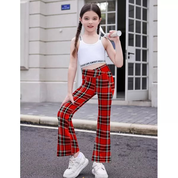 Zaclotre Girls Flare Leggings with Split Hem Cross High Waist Yoga Bootcut Athletic Kid Bell Bottom Pants with PocketsRed Plaid