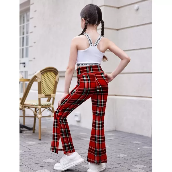 Zaclotre Girls Flare Leggings with Split Hem Cross High Waist Yoga Bootcut Athletic Kid Bell Bottom Pants with PocketsRed Plaid