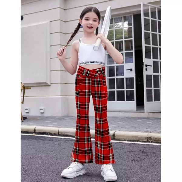 Zaclotre Girls Flare Leggings with Split Hem Cross High Waist Yoga Bootcut Athletic Kid Bell Bottom Pants with PocketsRed Plaid