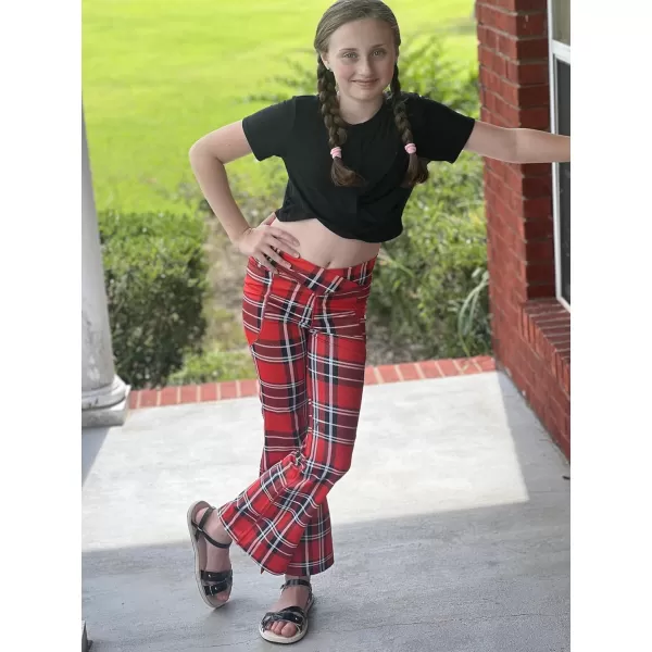 Zaclotre Girls Flare Leggings with Split Hem Cross High Waist Yoga Bootcut Athletic Kid Bell Bottom Pants with PocketsRed Plaid