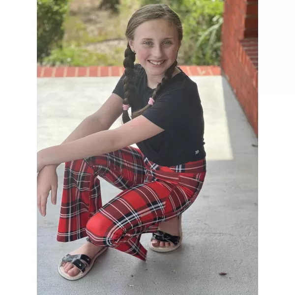 Zaclotre Girls Flare Leggings with Split Hem Cross High Waist Yoga Bootcut Athletic Kid Bell Bottom Pants with PocketsRed Plaid