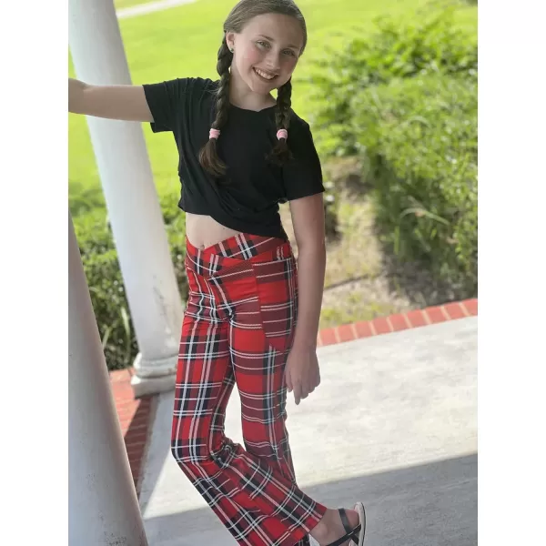 Zaclotre Girls Flare Leggings with Split Hem Cross High Waist Yoga Bootcut Athletic Kid Bell Bottom Pants with PocketsRed Plaid
