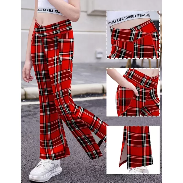 Zaclotre Girls Flare Leggings with Split Hem Cross High Waist Yoga Bootcut Athletic Kid Bell Bottom Pants with PocketsRed Plaid