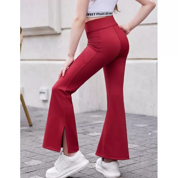 Zaclotre Girls Flare Leggings with Split Hem Cross High Waist Yoga Bootcut Athletic Kid Bell Bottom Pants with PocketsWine Red
