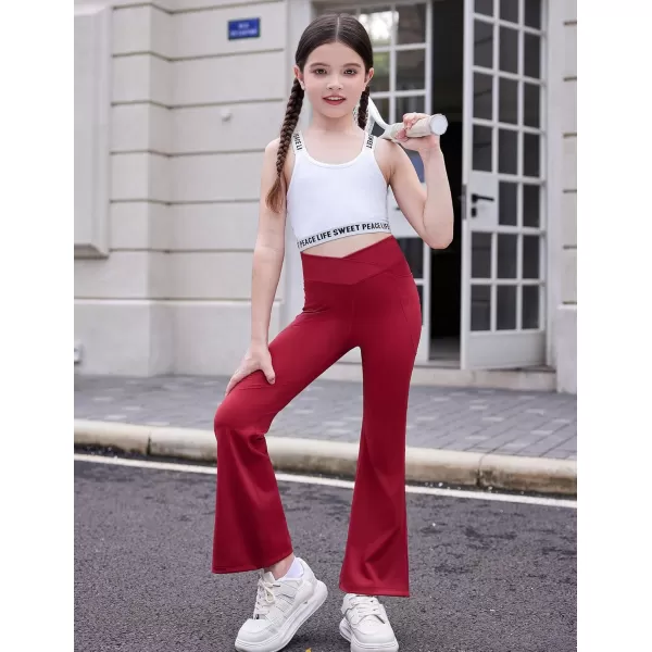 Zaclotre Girls Flare Leggings with Split Hem Cross High Waist Yoga Bootcut Athletic Kid Bell Bottom Pants with PocketsWine Red