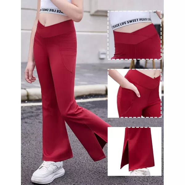 Zaclotre Girls Flare Leggings with Split Hem Cross High Waist Yoga Bootcut Athletic Kid Bell Bottom Pants with PocketsWine Red
