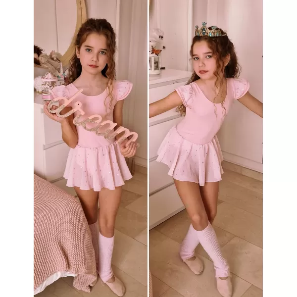 Zaclotre Girls Ruffle Sleeve Ballet Leotard with Skirt CrissCross Back Dance Dresses OutfitBallet Pink