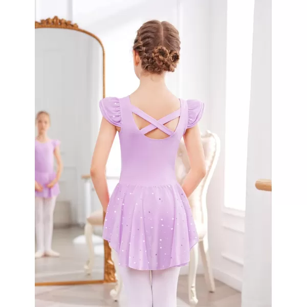 Zaclotre Girls Ruffle Sleeve Ballet Leotard with Skirt CrissCross Back Dance Dresses OutfitLilac