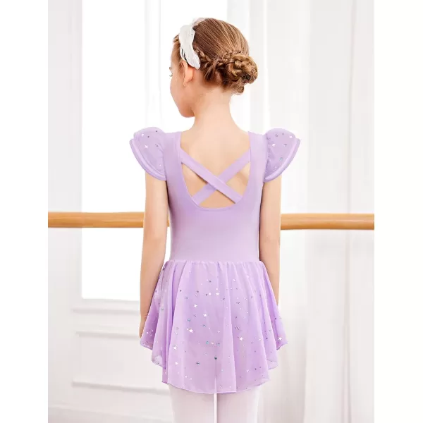 Zaclotre Girls Ruffle Sleeve Ballet Leotard with Skirt CrissCross Back Dance Dresses OutfitLilac