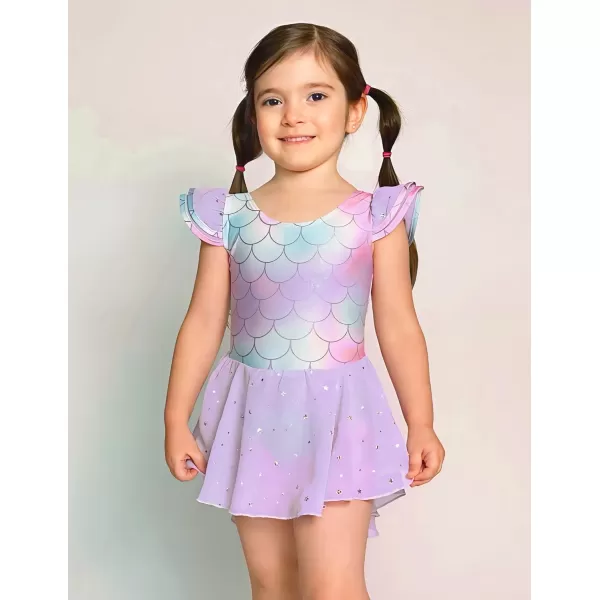 Zaclotre Girls Ruffle Sleeve Ballet Leotard with Skirt CrissCross Back Dance Dresses OutfitMermaid Purple