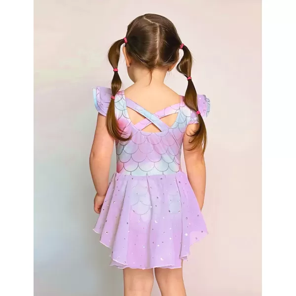 Zaclotre Girls Ruffle Sleeve Ballet Leotard with Skirt CrissCross Back Dance Dresses OutfitMermaid Purple