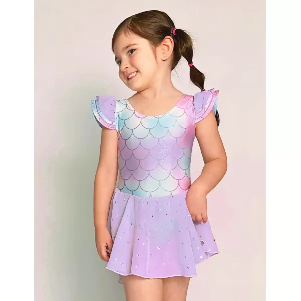 Zaclotre Girls Ruffle Sleeve Ballet Leotard with Skirt CrissCross Back Dance Dresses OutfitMermaid Purple