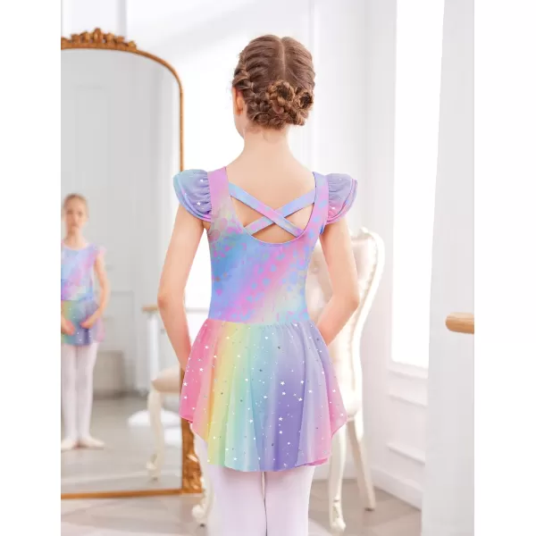 Zaclotre Girls Ruffle Sleeve Ballet Leotard with Skirt CrissCross Back Dance Dresses OutfitRainbow Leopard
