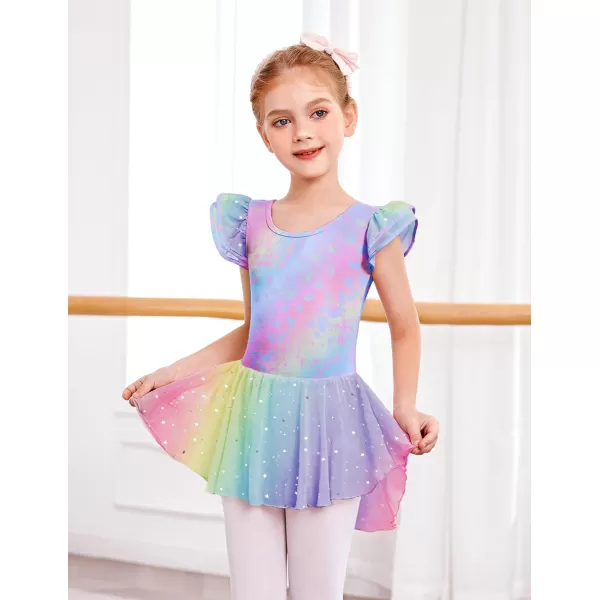Zaclotre Girls Ruffle Sleeve Ballet Leotard with Skirt CrissCross Back Dance Dresses OutfitRainbow Leopard