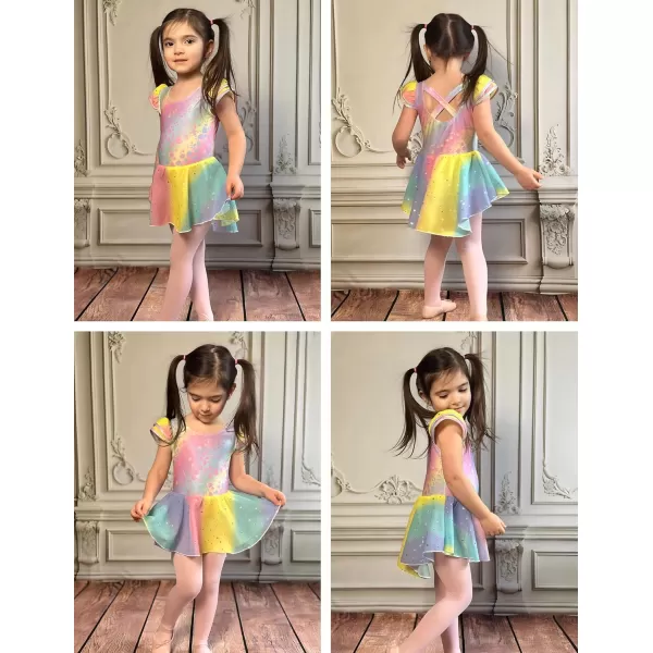 Zaclotre Girls Ruffle Sleeve Ballet Leotard with Skirt CrissCross Back Dance Dresses OutfitRainbow Leopard