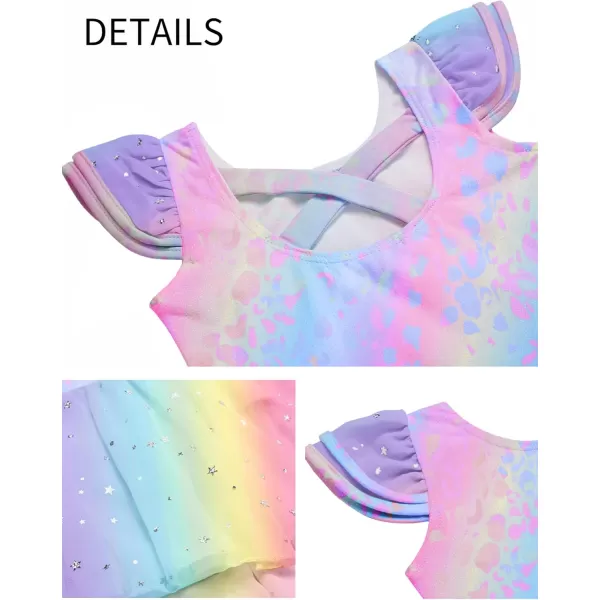 Zaclotre Girls Ruffle Sleeve Ballet Leotard with Skirt CrissCross Back Dance Dresses OutfitRainbow Leopard