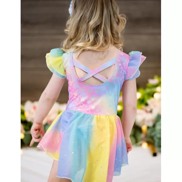 Zaclotre Girls Ruffle Sleeve Ballet Leotard with Skirt CrissCross Back Dance Dresses OutfitRainbow Leopard