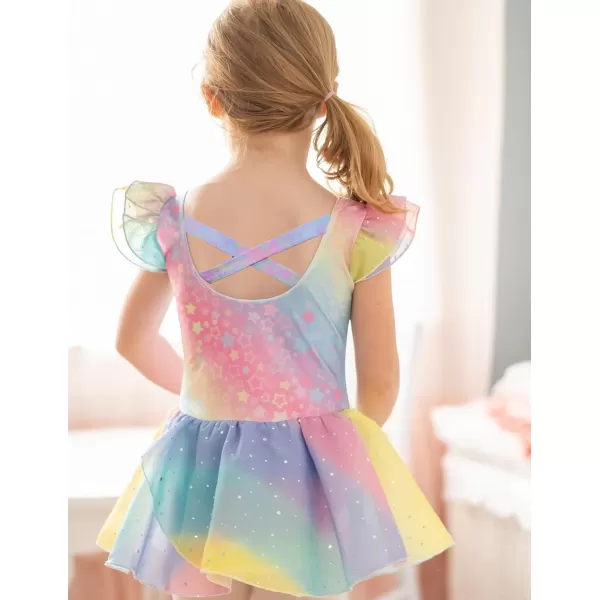 Zaclotre Girls Ruffle Sleeve Ballet Leotard with Skirt CrissCross Back Dance Dresses OutfitRainbow Leopard