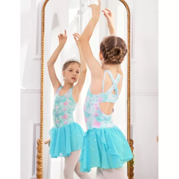 Zaclotre Gymnastics Leotards for Girls Criss Cross Strap Shiny Ballet Dance Dresses Hollow Back Skirted Ballerina CostumeGreen Mermaid