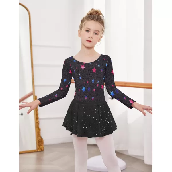 Zaclotre Gymnastics Leotards for Girls Long Sleeve Crisscross Back Ballet Dance Outfit with Removable Skirt ComboBlack Star