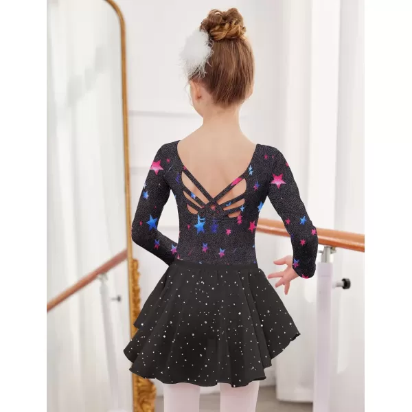 Zaclotre Gymnastics Leotards for Girls Long Sleeve Crisscross Back Ballet Dance Outfit with Removable Skirt ComboBlack Star