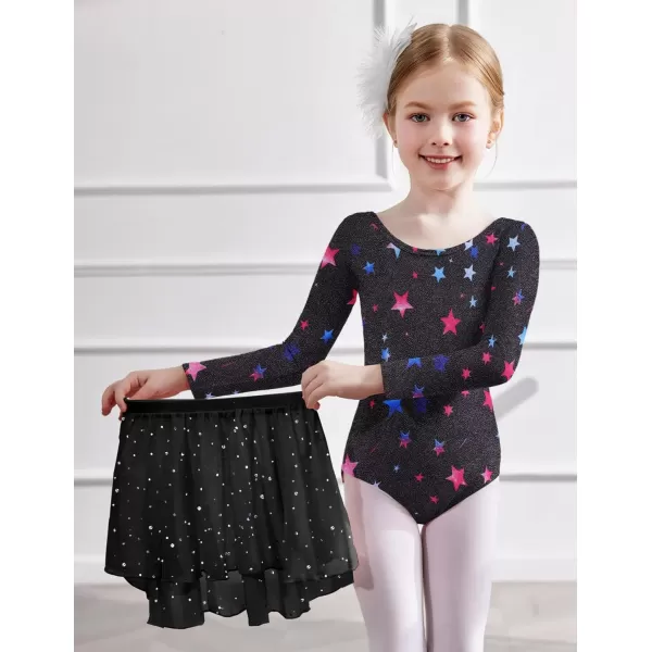 Zaclotre Gymnastics Leotards for Girls Long Sleeve Crisscross Back Ballet Dance Outfit with Removable Skirt ComboBlack Star