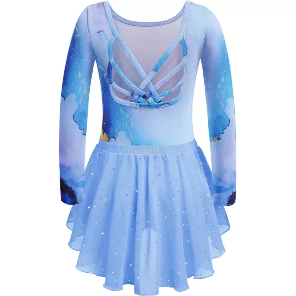 Zaclotre Gymnastics Leotards for Girls Long Sleeve Crisscross Back Ballet Dance Outfit with Removable Skirt ComboBlue Marble