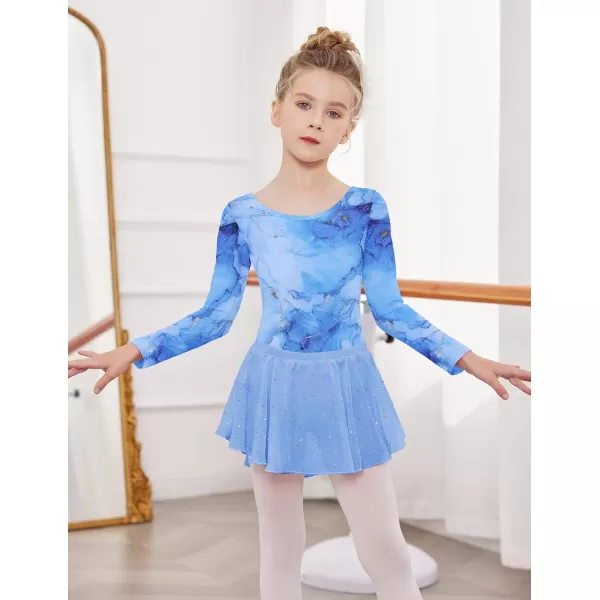 Zaclotre Gymnastics Leotards for Girls Long Sleeve Crisscross Back Ballet Dance Outfit with Removable Skirt ComboBlue Marble