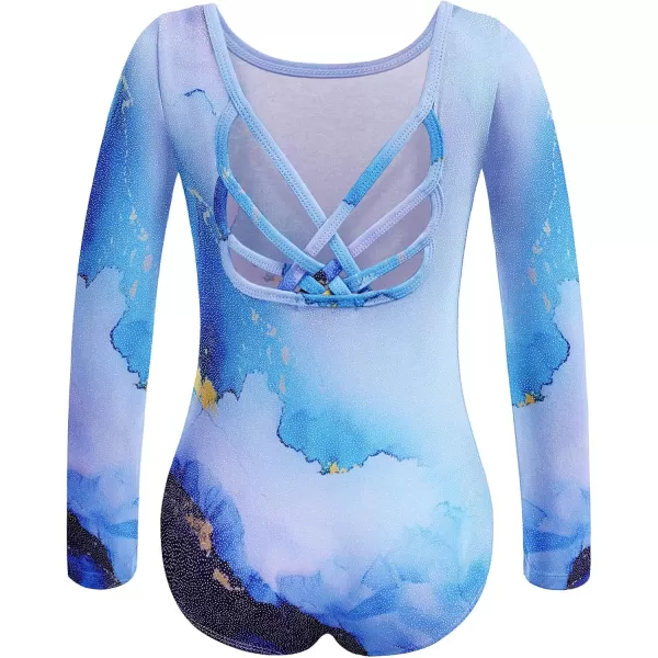 Zaclotre Gymnastics Leotards for Girls Long Sleeve Crisscross Back Ballet Dance Outfit with Removable Skirt ComboBlue Marble