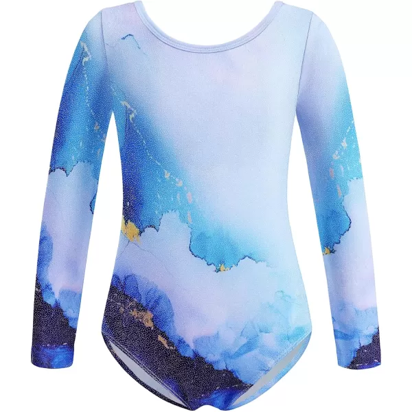 Zaclotre Gymnastics Leotards for Girls Long Sleeve Crisscross Back Ballet Dance Outfit with Removable Skirt ComboBlue Marble