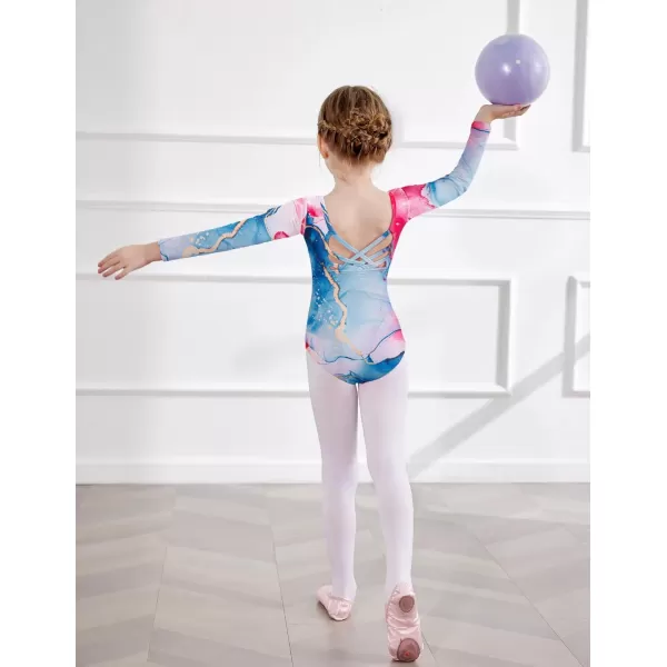 Zaclotre Gymnastics Leotards for Girls Long Sleeve Crisscross Back Ballet Dance Outfit with Removable Skirt ComboPink Marble