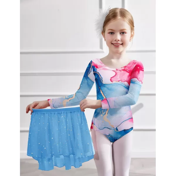 Zaclotre Gymnastics Leotards for Girls Long Sleeve Crisscross Back Ballet Dance Outfit with Removable Skirt ComboPink Marble