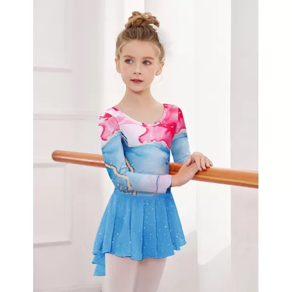 Zaclotre Gymnastics Leotards for Girls Long Sleeve Crisscross Back Ballet Dance Outfit with Removable Skirt ComboPink Marble