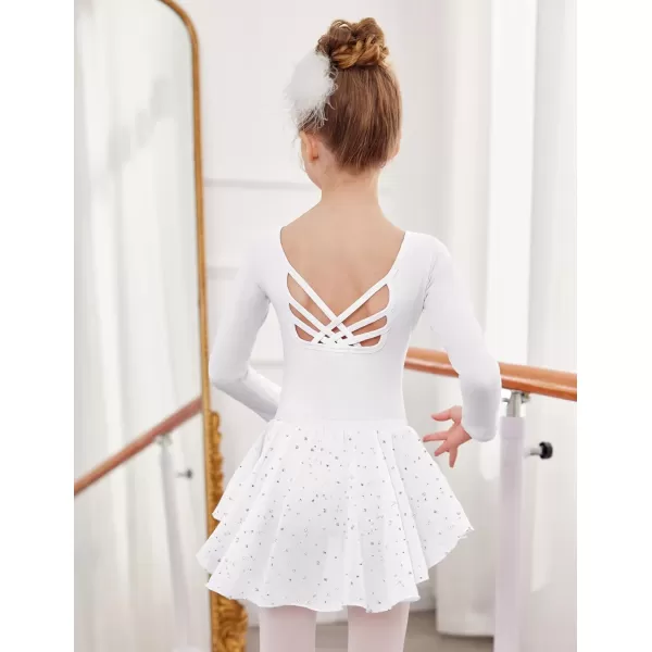 Zaclotre Gymnastics Leotards for Girls Long Sleeve Crisscross Back Ballet Dance Outfit with Removable Skirt ComboWhite