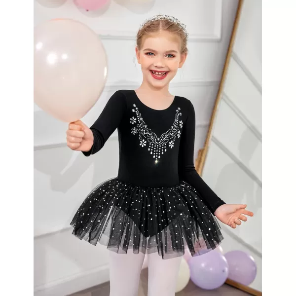 Zaclotre Kid Girls Long Sleeve Leotards Ballet Dance Sparkly Tutu Dress Ballerina OutfitsBlack