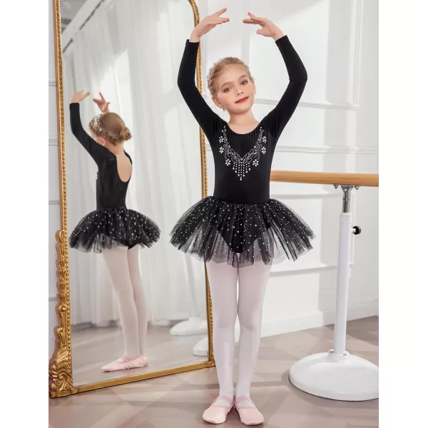 Zaclotre Kid Girls Long Sleeve Leotards Ballet Dance Sparkly Tutu Dress Ballerina OutfitsBlack