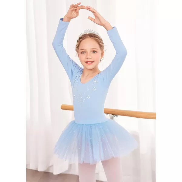 Zaclotre Kid Girls Long Sleeve Leotards Ballet Dance Sparkly Tutu Dress Ballerina OutfitsClear Blue