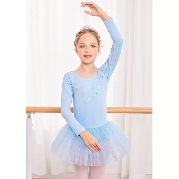 Zaclotre Kid Girls Long Sleeve Leotards Ballet Dance Sparkly Tutu Dress Ballerina OutfitsClear Blue