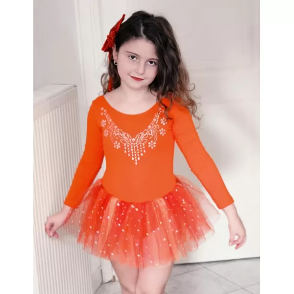 Zaclotre Kid Girls Long Sleeve Leotards Ballet Dance Sparkly Tutu Dress Ballerina OutfitsOrange